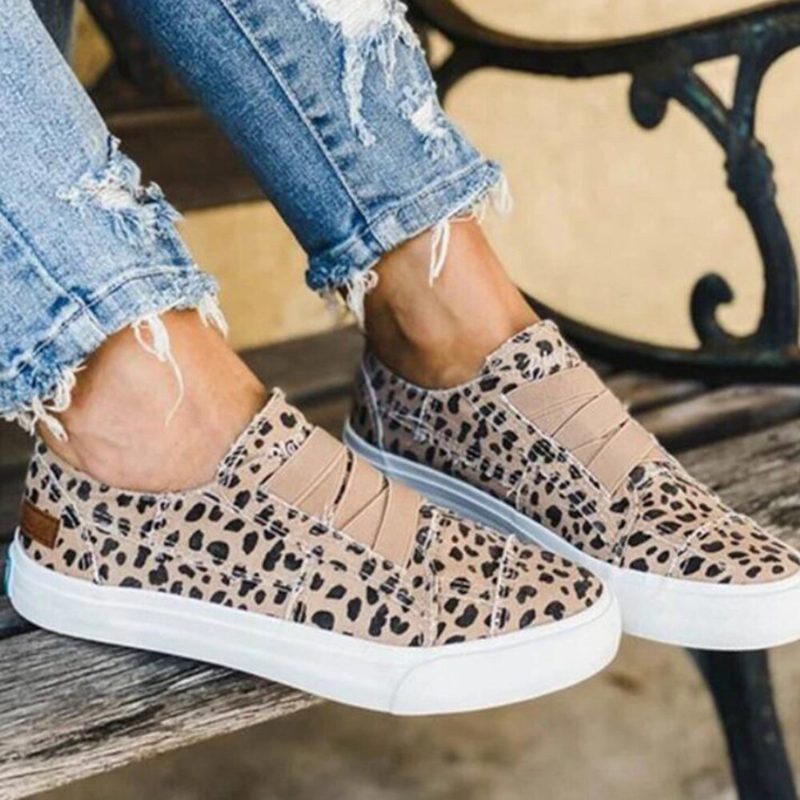 Woemn Leopard Printing Elastisk Band Casual Canvas Flate Sko