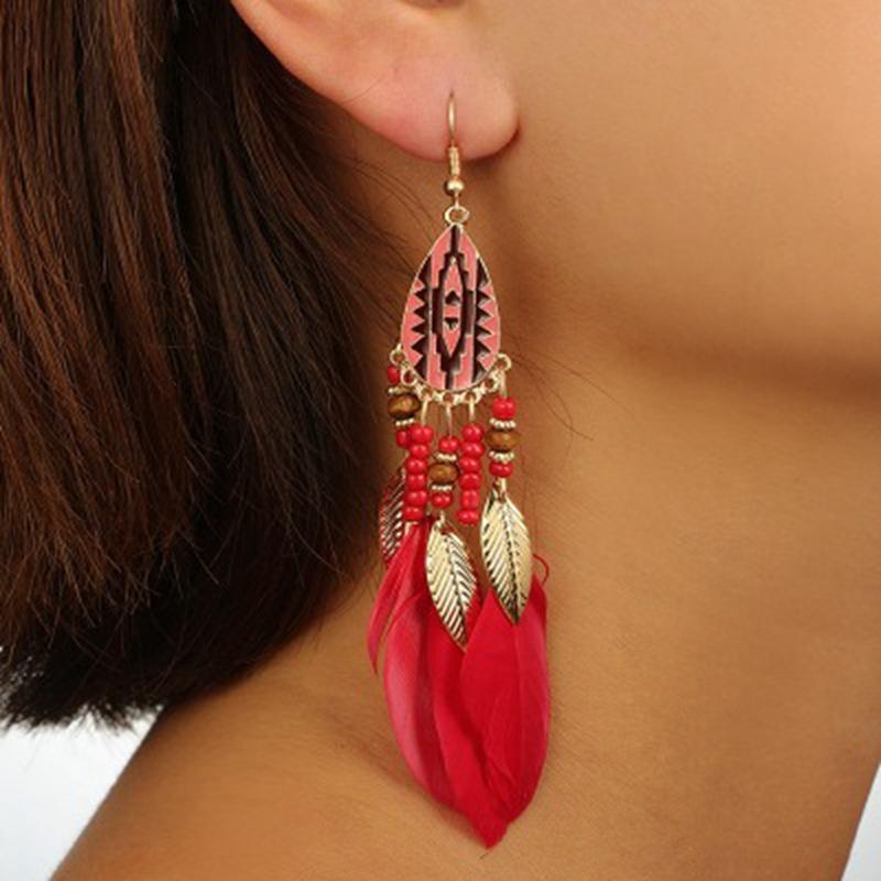 Bohemian Feather Drop Øreringer Lang Stil Dusker Øredobber Retro Dame Ear Drop