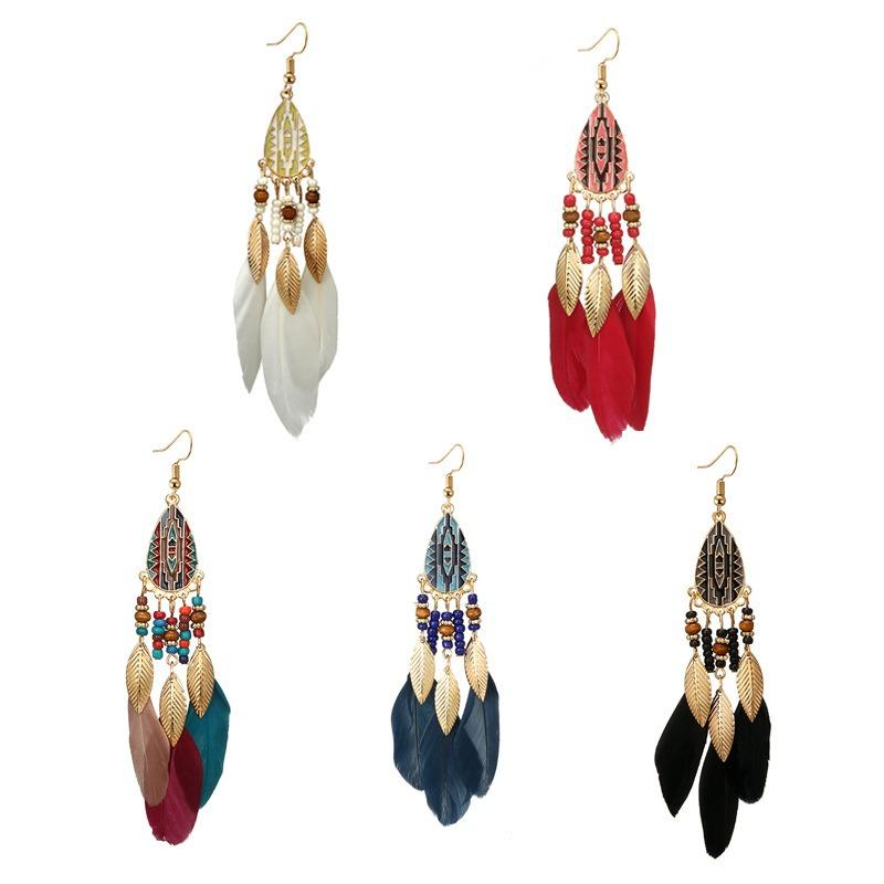 Bohemian Feather Drop Øreringer Lang Stil Dusker Øredobber Retro Dame Ear Drop