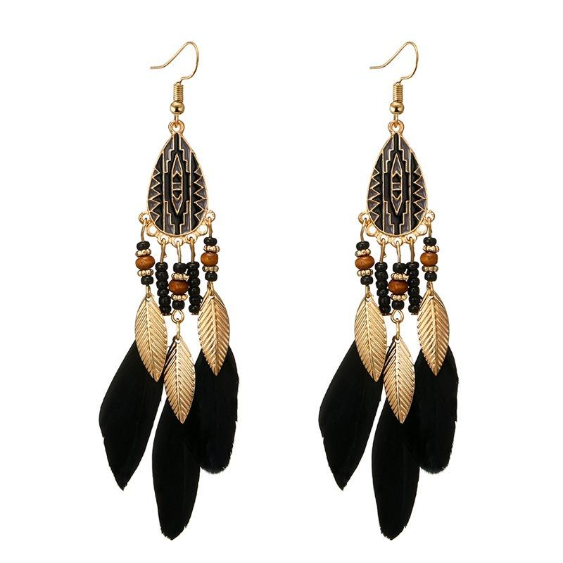 Bohemian Feather Drop Øreringer Lang Stil Dusker Øredobber Retro Dame Ear Drop