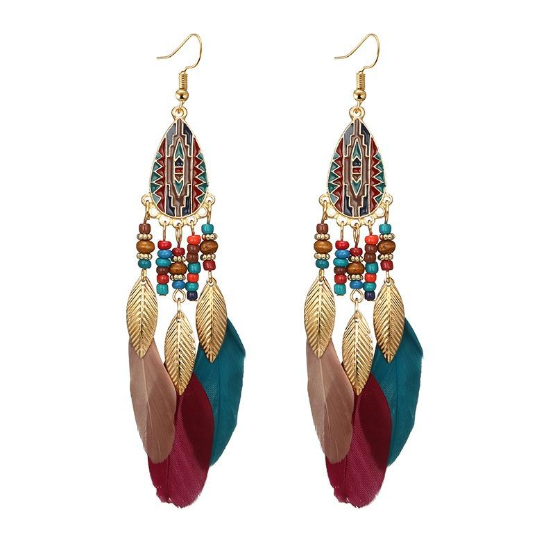 Bohemian Feather Drop Øreringer Lang Stil Dusker Øredobber Retro Dame Ear Drop