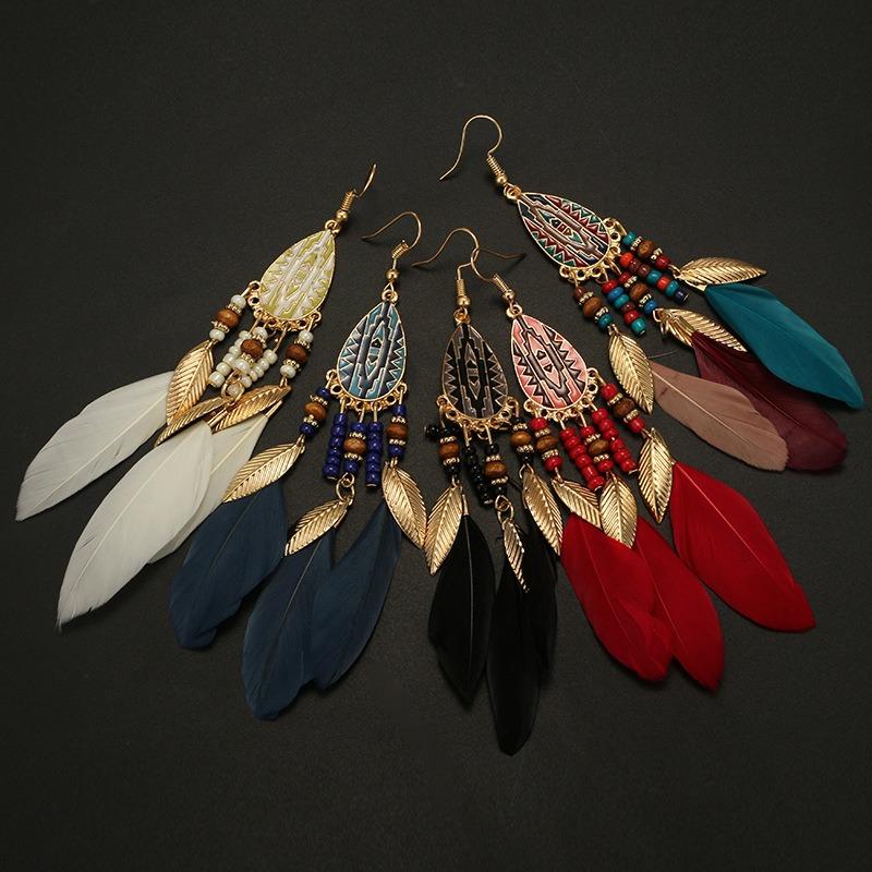 Bohemian Feather Drop Øreringer Lang Stil Dusker Øredobber Retro Dame Ear Drop