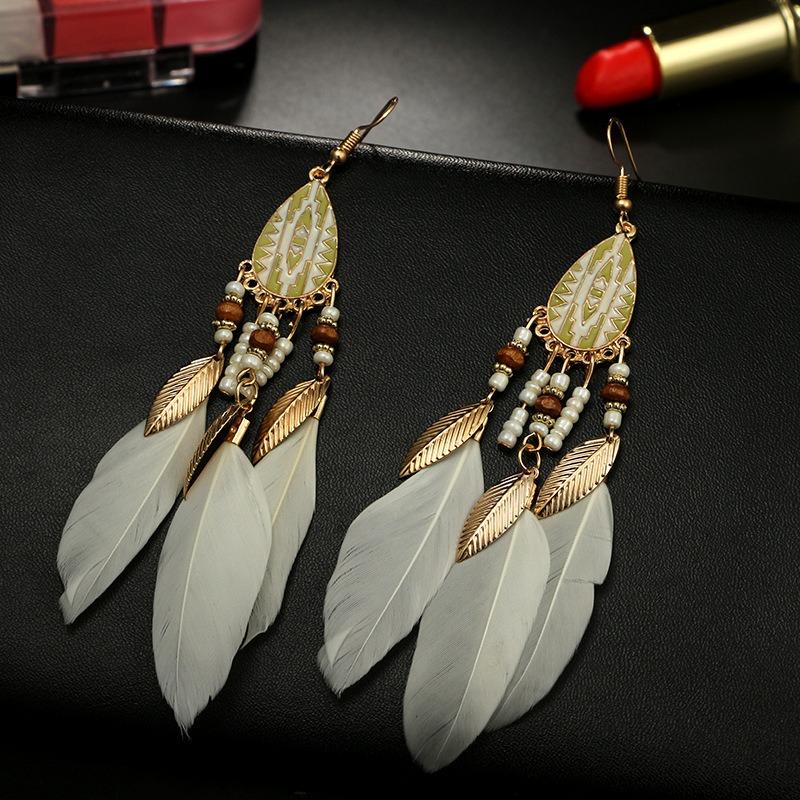 Bohemian Feather Drop Øreringer Lang Stil Dusker Øredobber Retro Dame Ear Drop