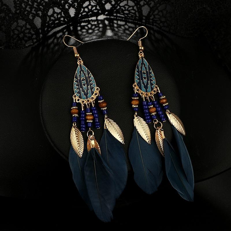 Bohemian Feather Drop Øreringer Lang Stil Dusker Øredobber Retro Dame Ear Drop