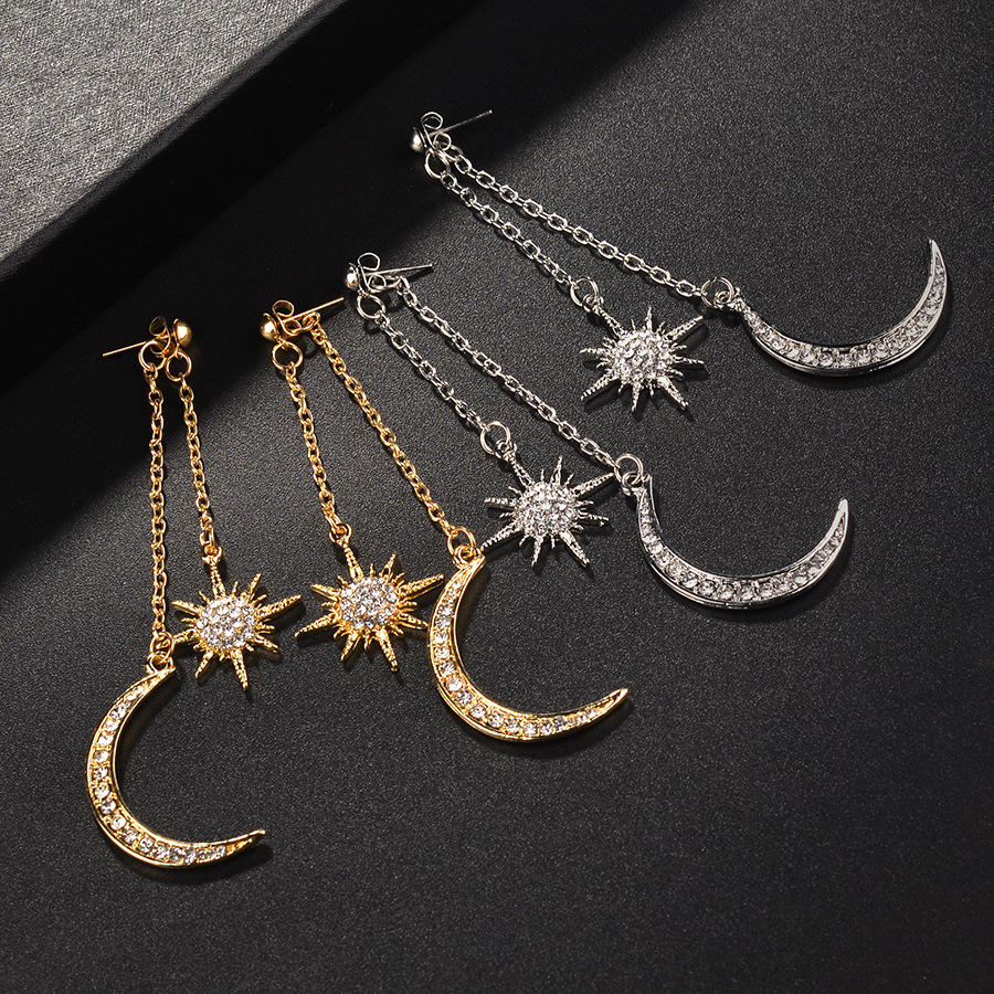 Bohemian Style Full Rhinestone Øredobber Shiny Moon Star Lang Øredråpe Øredobber For Kvinner