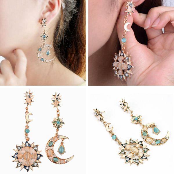 Bohemian Trendy Star Sun Moon Rhinestone Crystal Stellar Ear Drop Earring For Dame Smykker