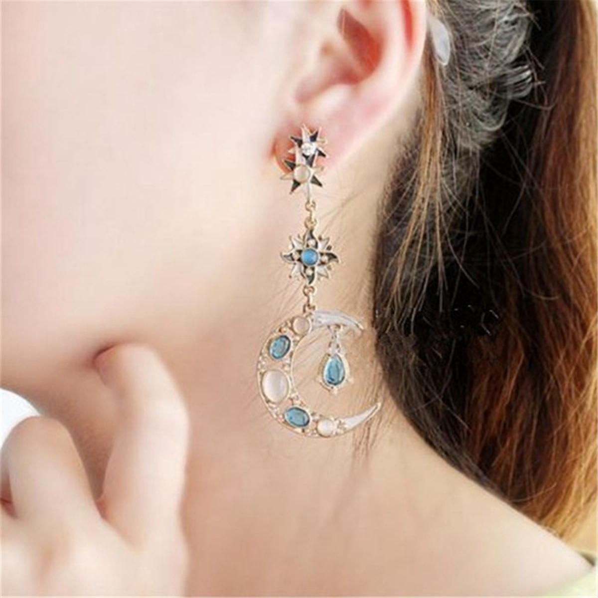 Bohemian Trendy Star Sun Moon Rhinestone Crystal Stellar Ear Drop Earring For Dame Smykker