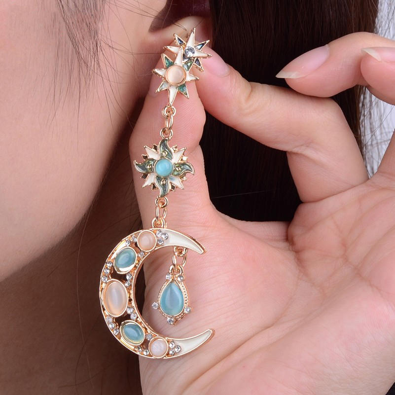 Bohemian Trendy Star Sun Moon Rhinestone Crystal Stellar Ear Drop Earring For Dame Smykker