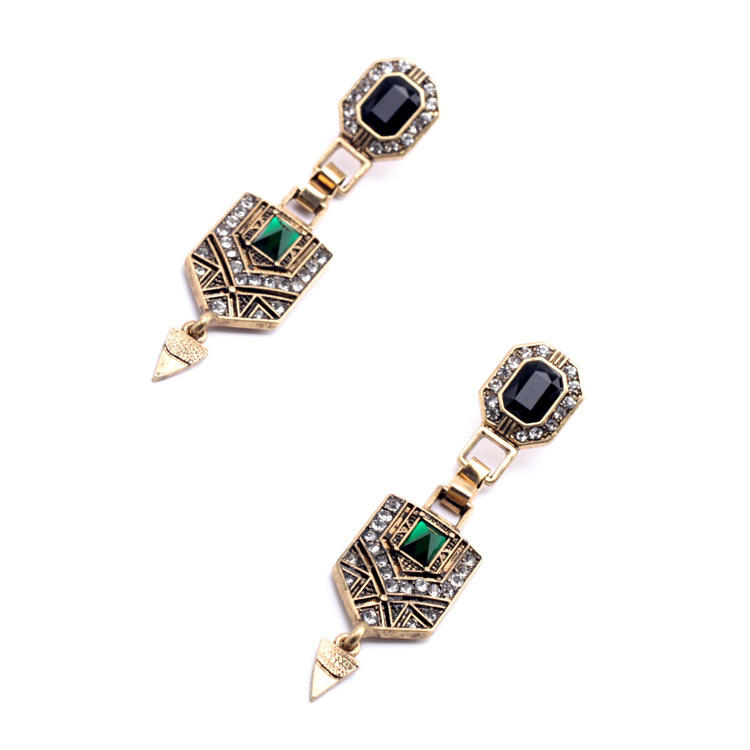 Retro Emerald Diamond Ear Drop Rhinestone Øredobber Lang Stil Øredobber For Kvinner