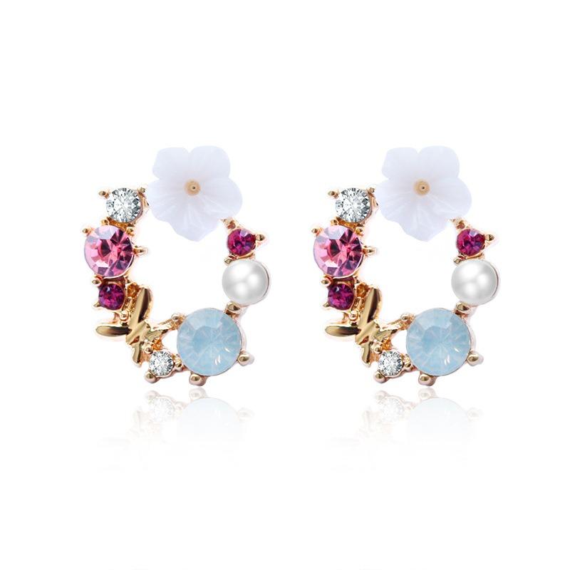 Søt Elegant Blomsterøredobb Rhinestone Pearl Ear Stub Runde Øredobber