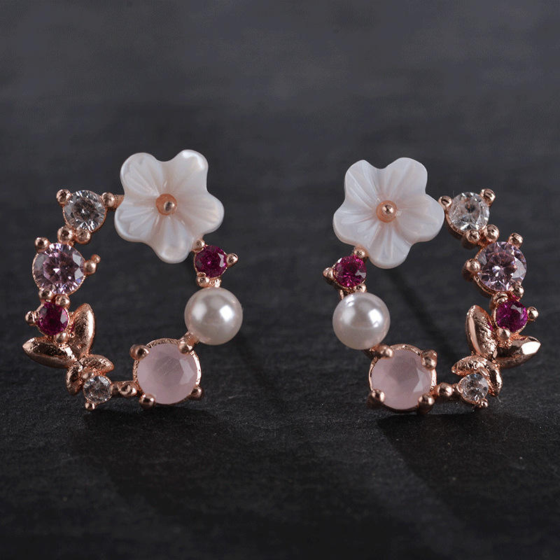 Søt Elegant Blomsterøredobb Rhinestone Pearl Ear Stub Runde Øredobber