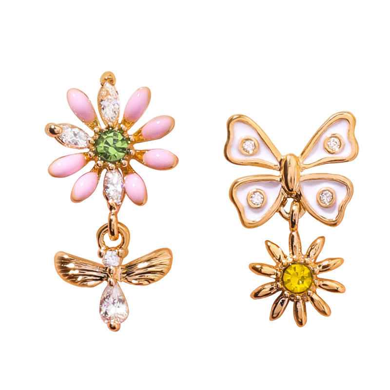 Sweet Flower Butterfly Stud Øredobber Anallergic Sterling Silver Needle Rhinestone Kvinners Øredobber