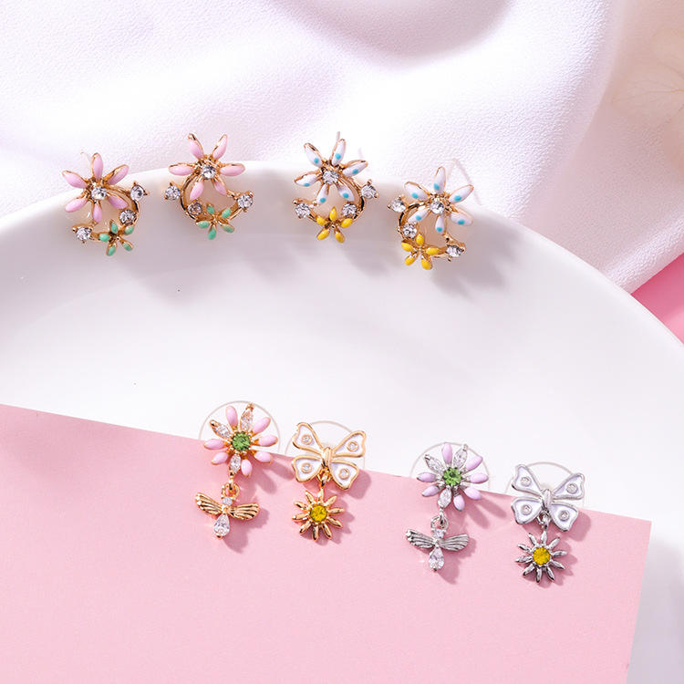 Sweet Flower Butterfly Stud Øredobber Anallergic Sterling Silver Needle Rhinestone Kvinners Øredobber