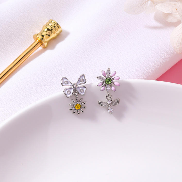 Sweet Flower Butterfly Stud Øredobber Anallergic Sterling Silver Needle Rhinestone Kvinners Øredobber