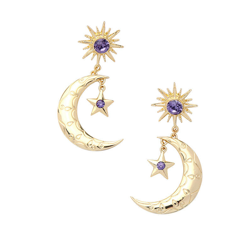 Trendy Sun Moon Star Big Ear Drop Øredobber Lilla Rhinestone Øredobber For Kvinner