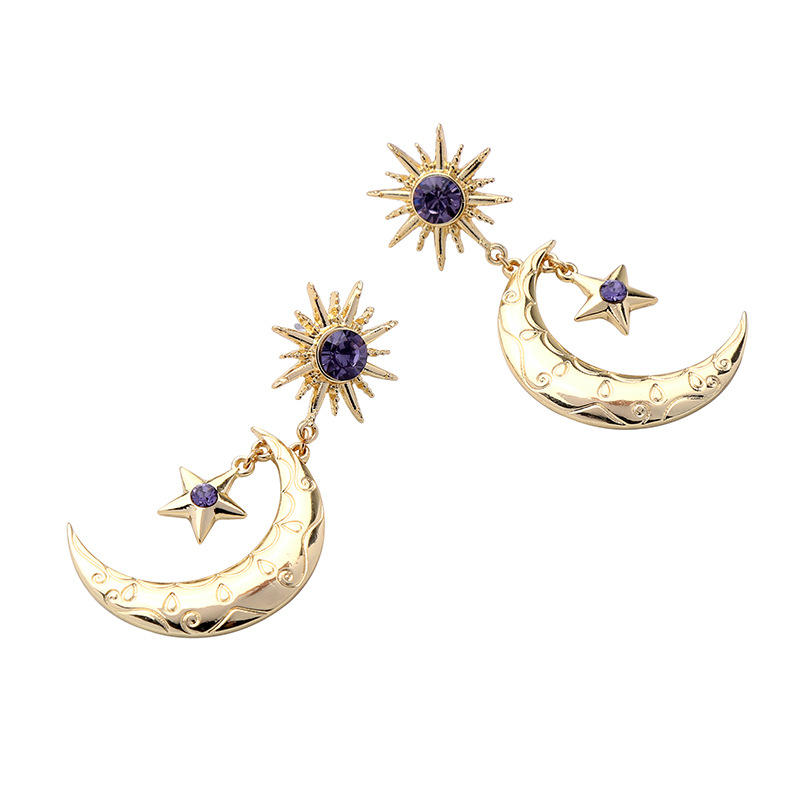 Trendy Sun Moon Star Big Ear Drop Øredobber Lilla Rhinestone Øredobber For Kvinner