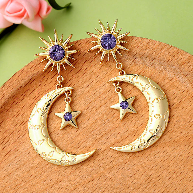 Trendy Sun Moon Star Big Ear Drop Øredobber Lilla Rhinestone Øredobber For Kvinner