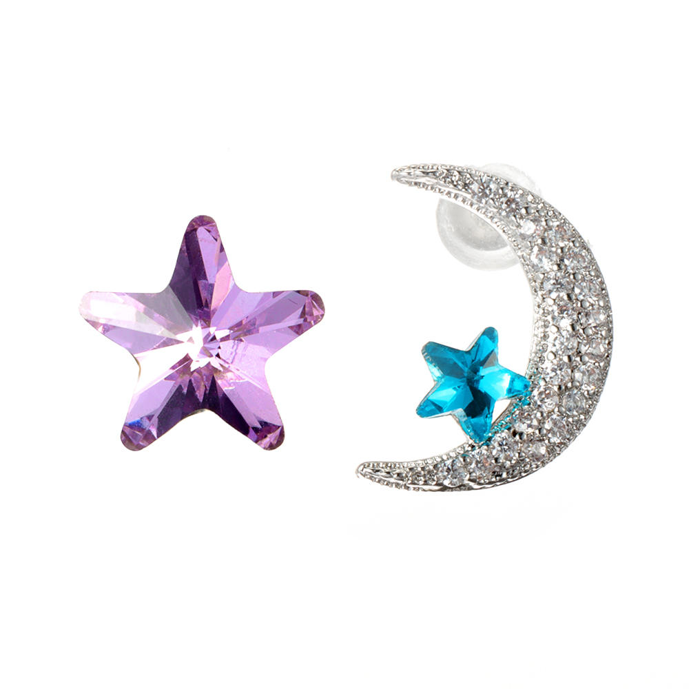 Unike Asymmetriske Øredobber Luksus Micro Paved Zirconia Crystal Star Moon Piercing Øredobber