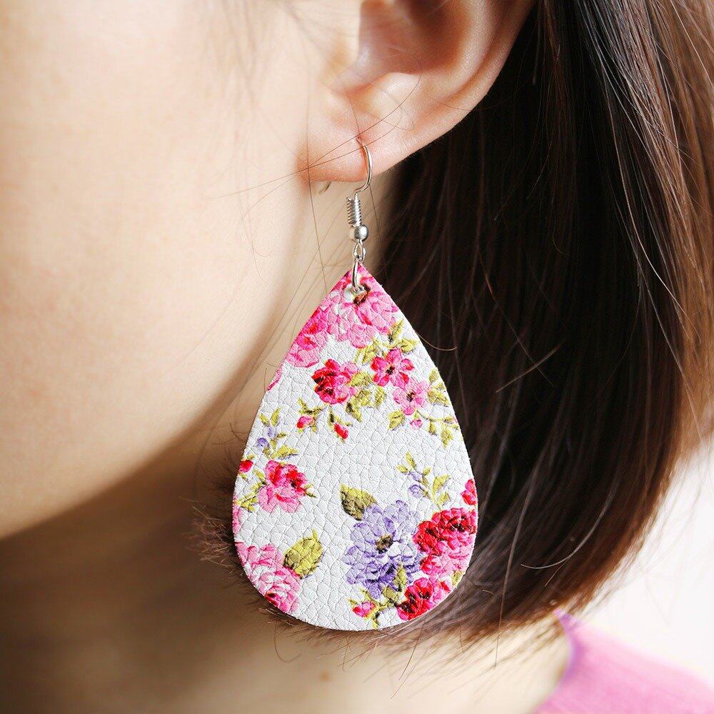 Vintage Flower Ear Drop Earrings Pu Leather Water Drop Earring For Women