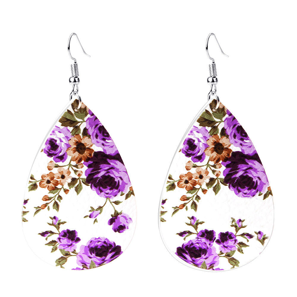 Vintage Flower Ear Drop Earrings Pu Leather Water Drop Earring For Women