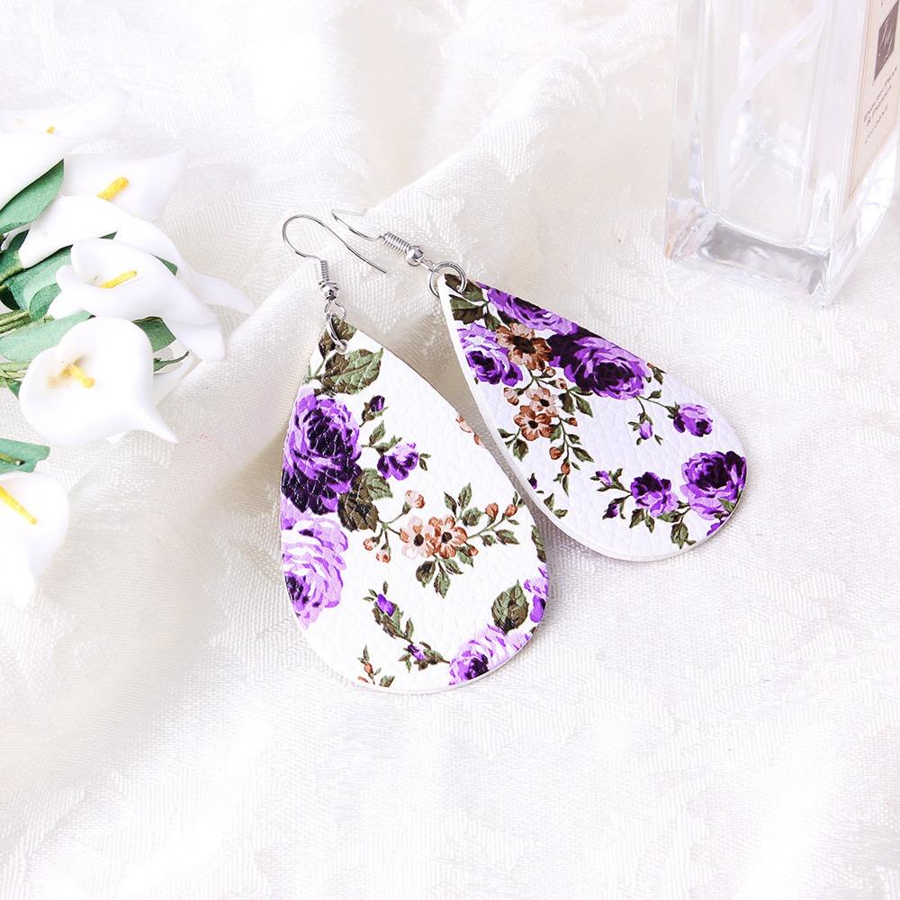 Vintage Flower Ear Drop Earrings Pu Leather Water Drop Earring For Women