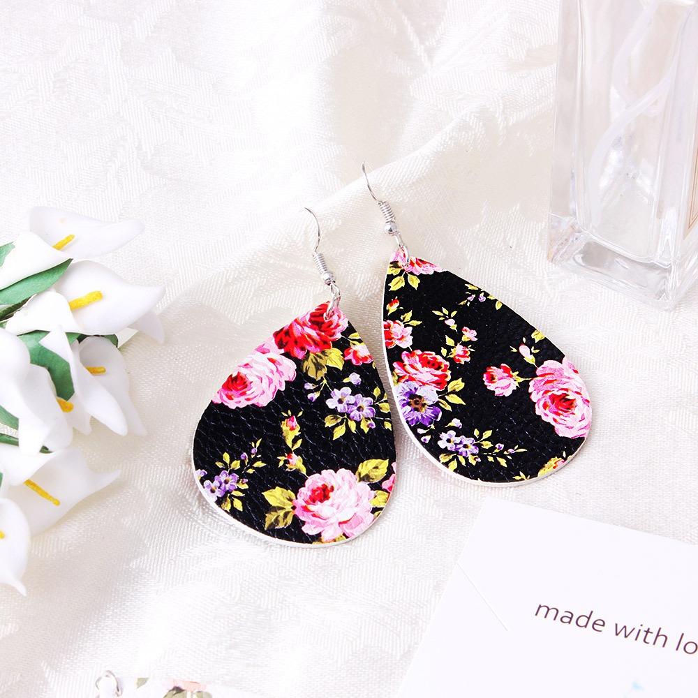 Vintage Flower Ear Drop Earrings Pu Leather Water Drop Earring For Women