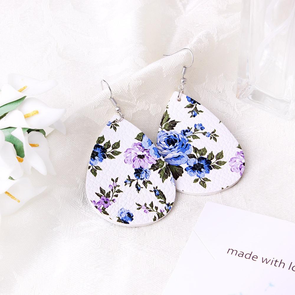 Vintage Flower Ear Drop Earrings Pu Leather Water Drop Earring For Women