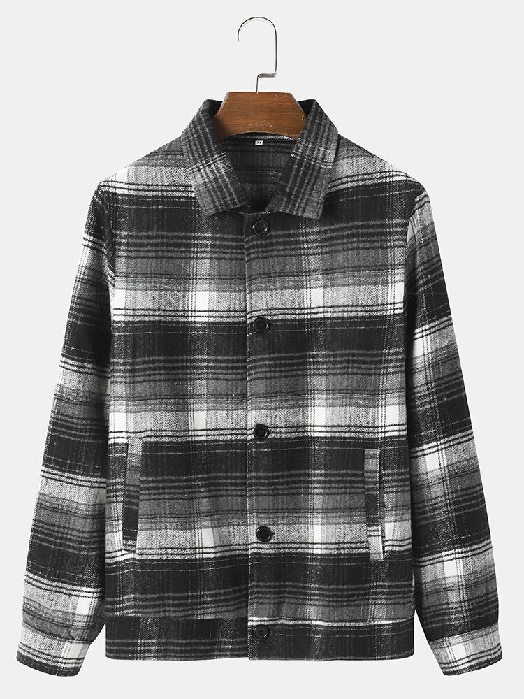 Menn Street Plaid Cotton Lapel Kontrastlommer Knappeskjorter Jakker