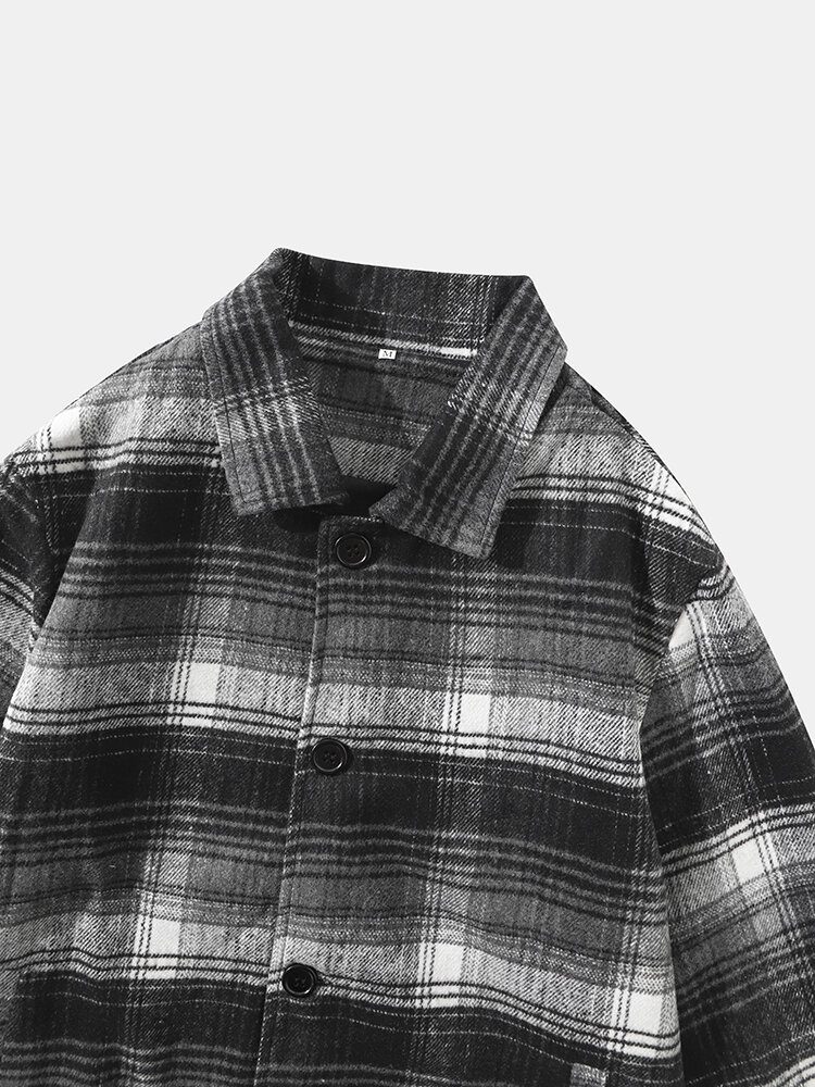 Menn Street Plaid Cotton Lapel Kontrastlommer Knappeskjorter Jakker