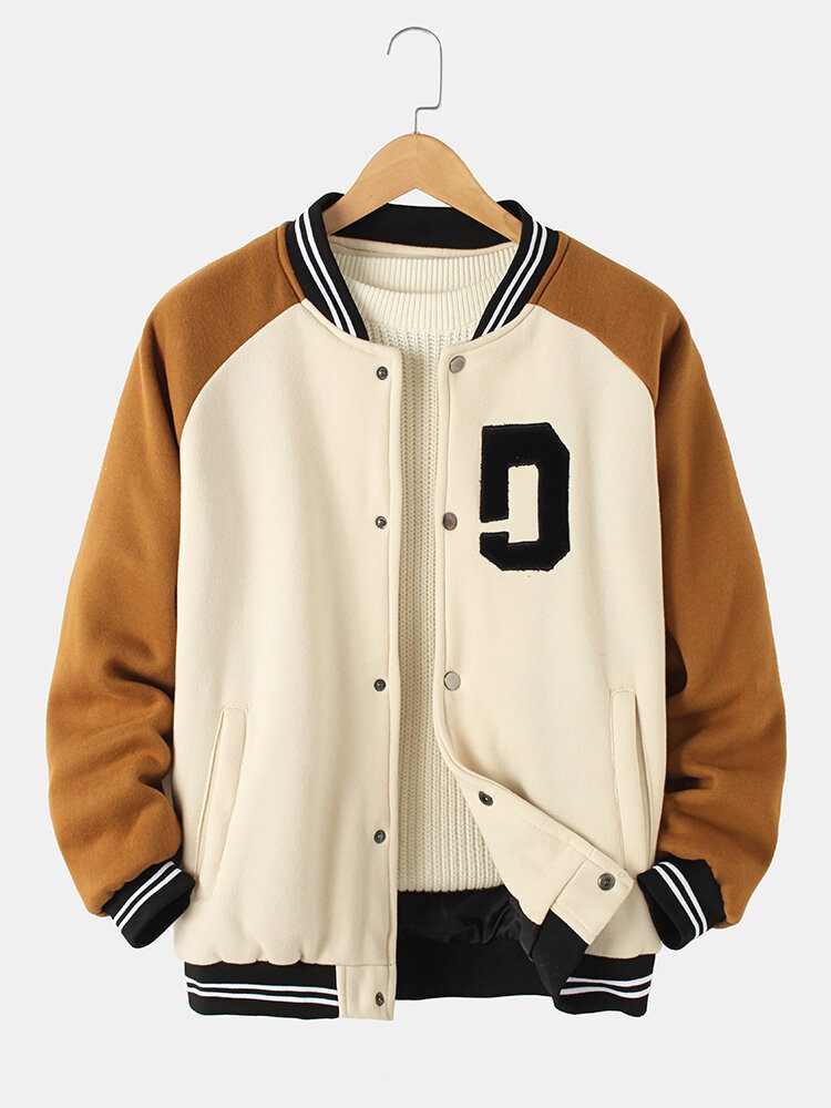 Vintage Tykke Raglanermer Tykke Raglanermer Knapper Uformell Løs Varsity-jakke