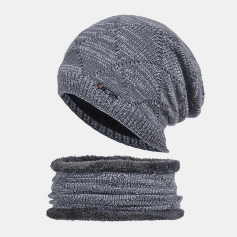 2 Stk Herre Høst Vinter Varm Strikket Baotou Cap Skjerf Rutete Mønster Utendørs Sykling Ørebeskyttelse Vindtett Beanie Skull Hat