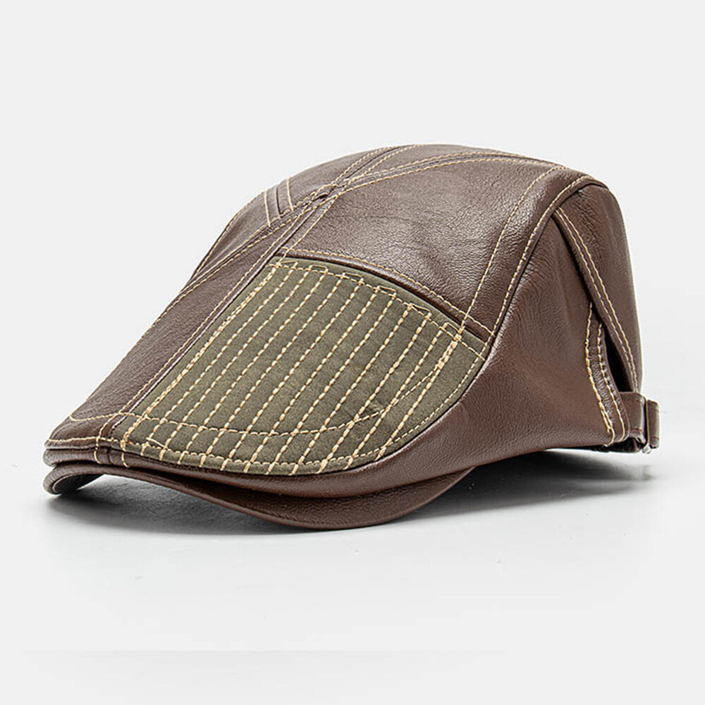 Collrown Herre Pu Leather Stitch Stripes Beret Cap Retro Justerbar Høykvalitets Newsboy Cap Flate Cap