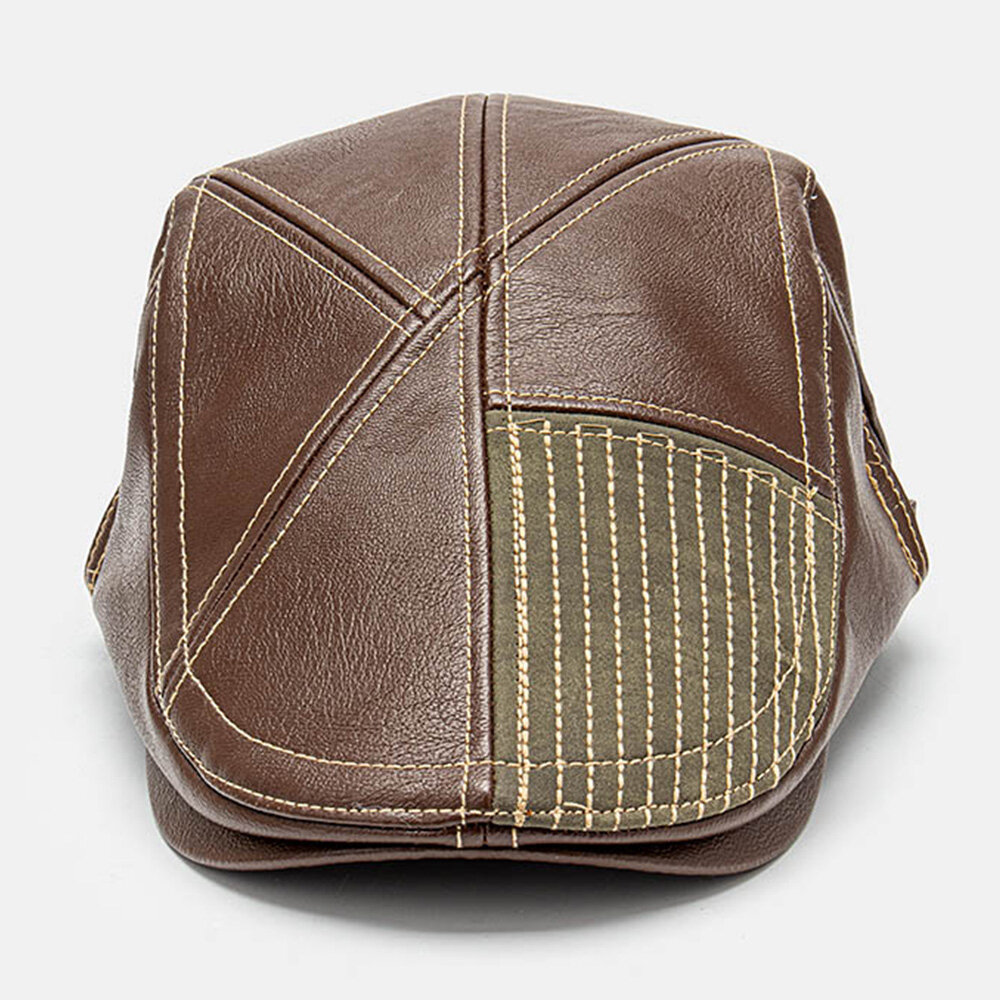 Collrown Herre Pu Leather Stitch Stripes Beret Cap Retro Justerbar Høykvalitets Newsboy Cap Flate Cap