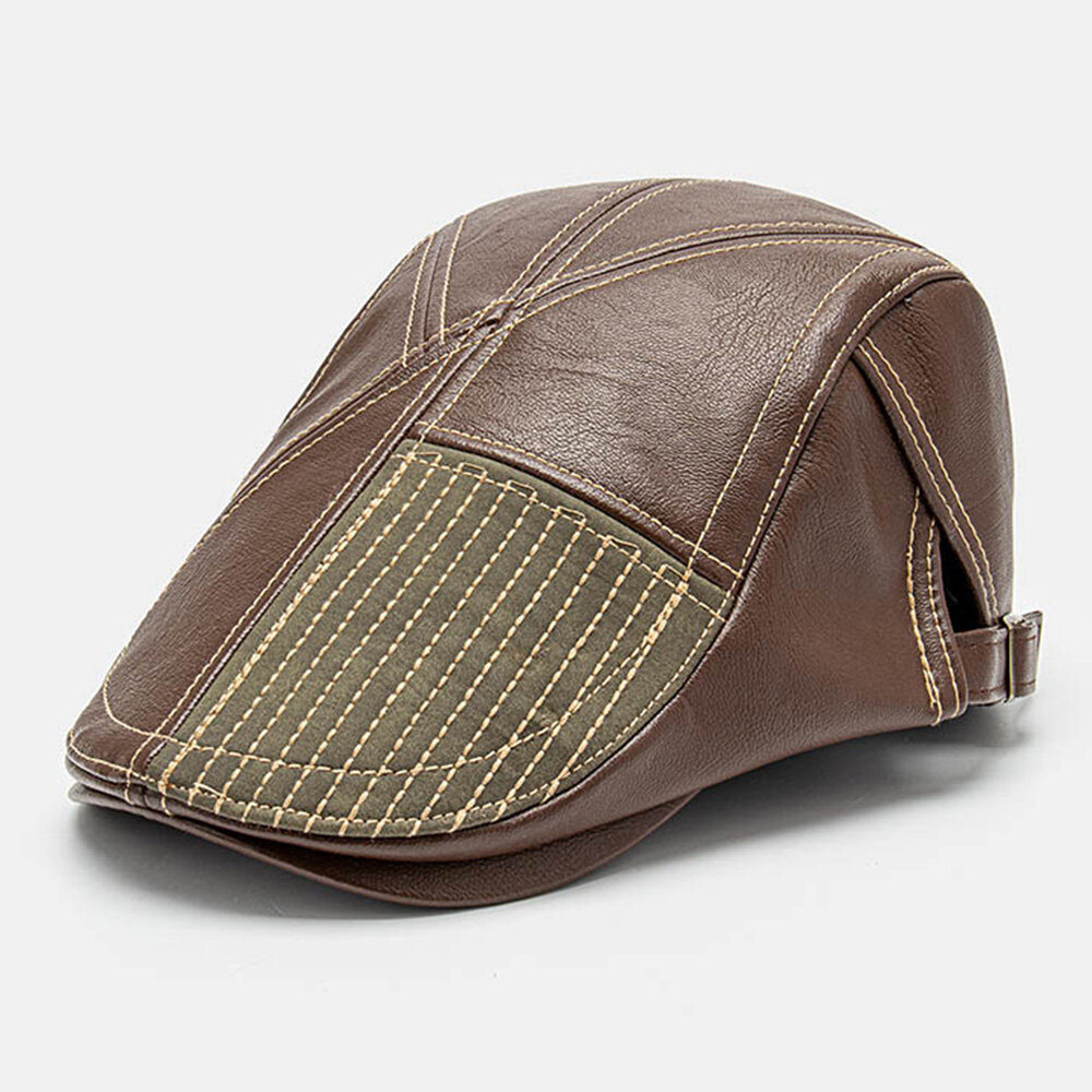 Collrown Herre Pu Leather Stitch Stripes Beret Cap Retro Justerbar Høykvalitets Newsboy Cap Flate Cap