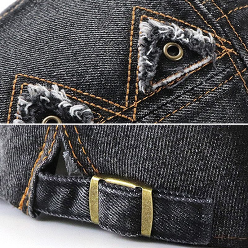 Collrown Menn Denim Distressed Frynsete Pustende Solskjerm Kortbrem Uformell Vintage Forward Hatter Beret Flate Caps