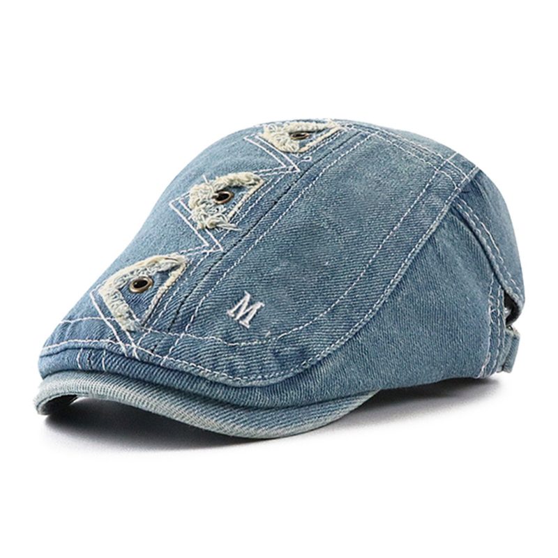 Collrown Menn Denim Distressed Frynsete Pustende Solskjerm Kortbrem Uformell Vintage Forward Hatter Beret Flate Caps