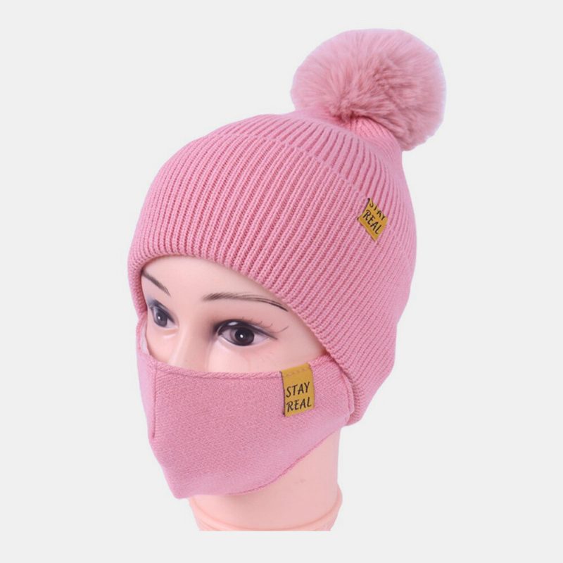 Dame 2stk Ull Vinter Hold Deg Varm Daglig Uformell Nakke Ansiktsbeskyttelse Fluff Ball Strikket Lue Beanie Mask