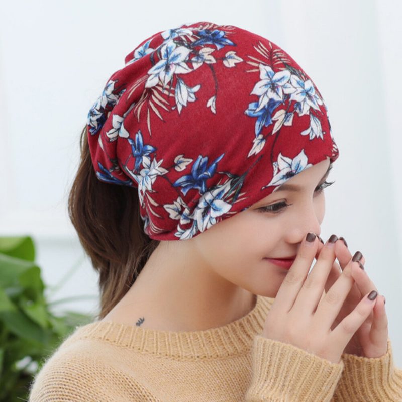 Dame Cashmere Farget Blomstermønster Uformell Dual-use Nakkebeskyttelse Brimless Beanie Strikket Lue