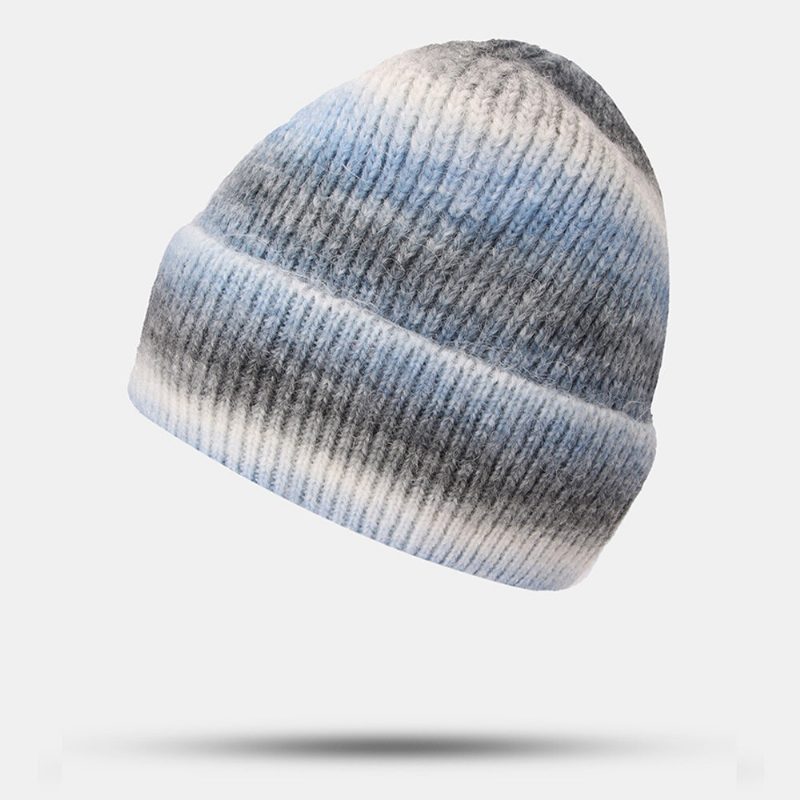 Dame Gradient Høst Vinter Varm Strikket Lue Personlighet Wild Flanging Ørebeskyttelse Beanie Hat