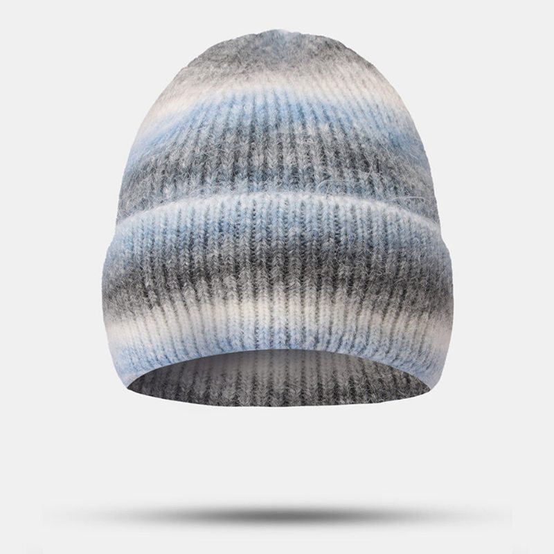 Dame Gradient Høst Vinter Varm Strikket Lue Personlighet Wild Flanging Ørebeskyttelse Beanie Hat