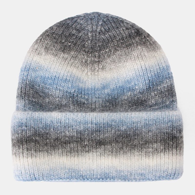 Dame Gradient Høst Vinter Varm Strikket Lue Personlighet Wild Flanging Ørebeskyttelse Beanie Hat