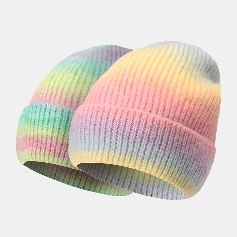 Dame Gradient Høst Vinter Varm Strikket Lue Personlighet Wild Flanging Ørebeskyttelse Beanie Hat