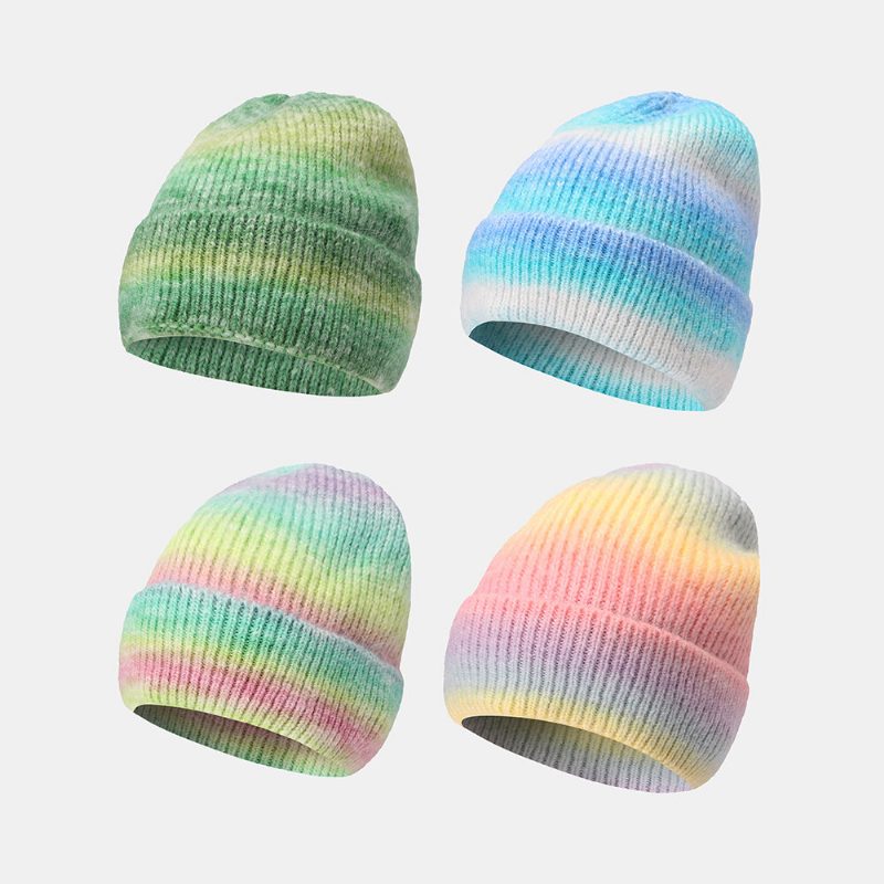 Dame Gradient Høst Vinter Varm Strikket Lue Personlighet Wild Flanging Ørebeskyttelse Beanie Hat