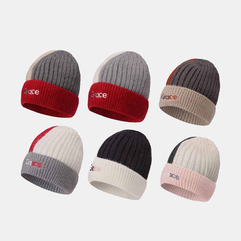 Dame Letter Mønster Wild Beanie Lue Myk Justerbar Høst Vinter Varm Strikket Lue