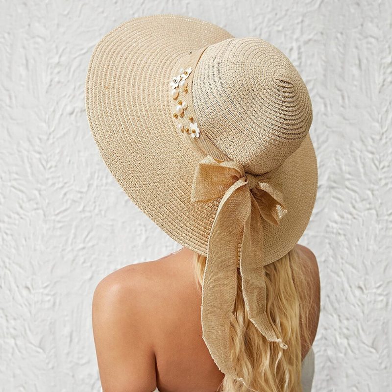 Dame Strå Ensfarge Elegant Big Rim Pearl Bowknot Bølget Kant Visir Solhatt Strandhatt Bøttehatt