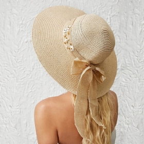 Dame Strå Ensfarge Elegant Big Rim Pearl Bowknot Bølget Kant Visir Solhatt Strandhatt Bøttehatt