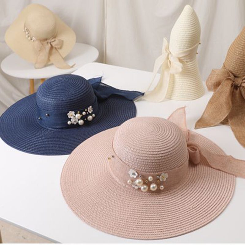 Dame Strå Ensfarge Elegant Big Rim Pearl Bowknot Bølget Kant Visir Solhatt Strandhatt Bøttehatt