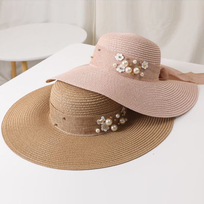 Dame Strå Ensfarge Elegant Big Rim Pearl Bowknot Bølget Kant Visir Solhatt Strandhatt Bøttehatt