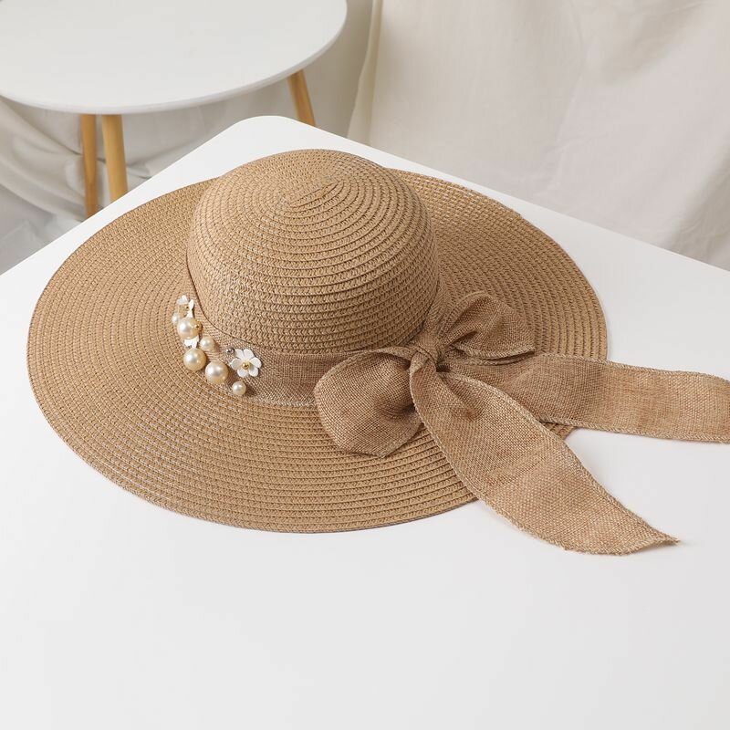 Dame Strå Ensfarge Elegant Big Rim Pearl Bowknot Bølget Kant Visir Solhatt Strandhatt Bøttehatt