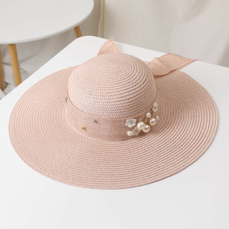 Dame Strå Ensfarge Elegant Big Rim Pearl Bowknot Bølget Kant Visir Solhatt Strandhatt Bøttehatt